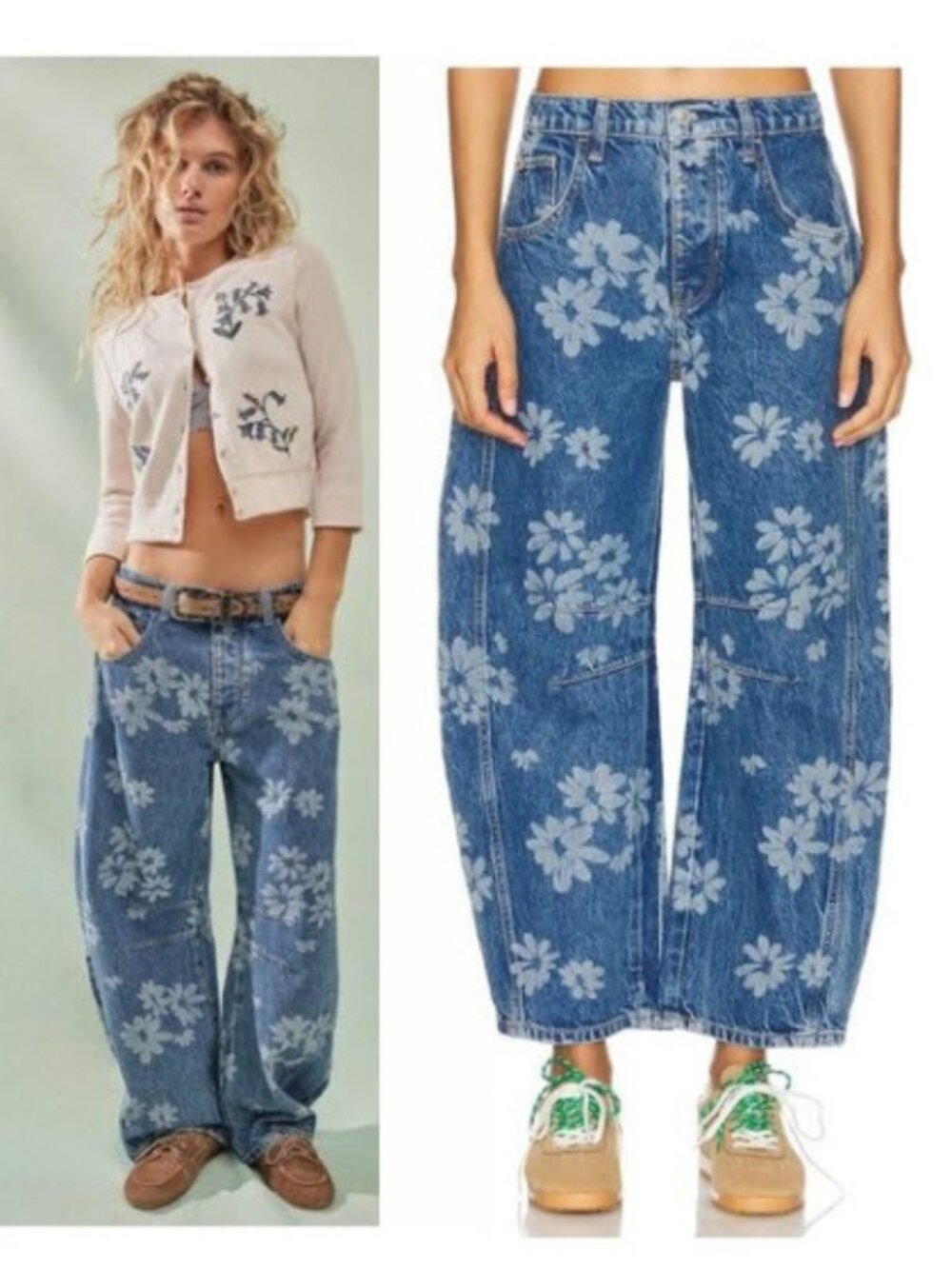 Free People Good Luck Barrel Jeans Laser Daisy Floral Wide Leg 26